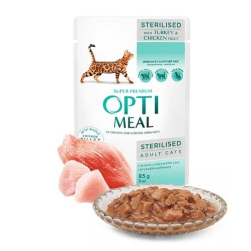 OPTIMEAL Sterilised With Turkey and Chicken Fillet In Sauce konservai sterilizuotoms katėms su kalakutiena, 85gx12vnt.