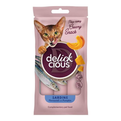 Delickcious Creamy Snack skanėstai su sardinėmis ir moliūgais katėms, 4 vnt. x 15g, 60g